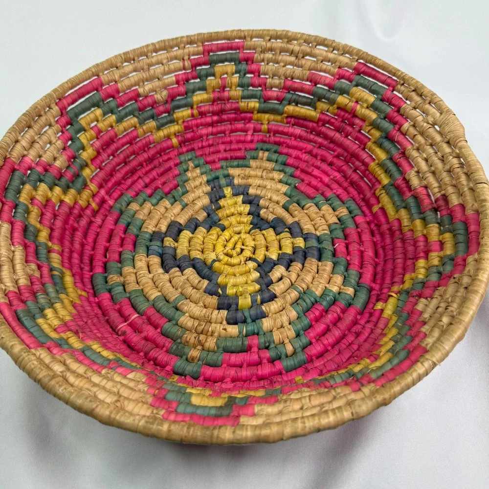 Hand Woven Coiled Straw Basket Bowl Pink Yellow Geometric Boho Decor 10 Inch